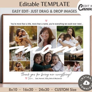 Plantilla de marco de fuente cursiva para collage de fotos de mamá editable, personalizable, regalo para el Día de la Madre, imprimible, recuerdo de homenaje personalizado, impresión de 8 x 10