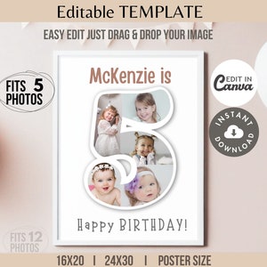 Editable 5th Birthday 5-Photo Collage Canva TEMPLATE Number 5 Printable Party Poster/Banner Cute Simple DIY Custom Welcome Sign/Gift 16x20