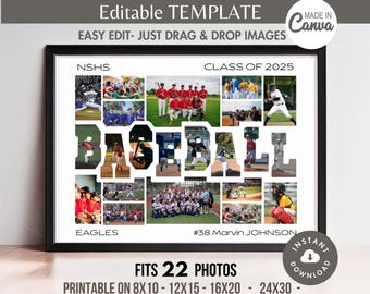 Editable BASEBALL Word Photo Collage Canva TEMPLATE, Printable Custom Sports Team Poster, DIY Personalized Senior/Coach Gift 8x10 Print