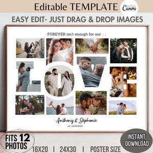 Plantilla de marco de collage de fotos con palabras LOVE editables, póster de San Valentín personalizado para imprimir, regalo de aniversario para pareja o amante, impresión de retrato