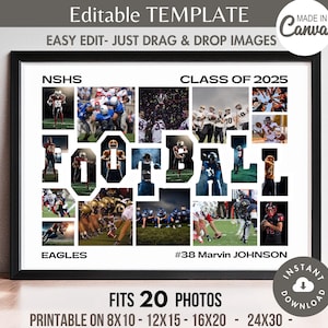 Puede incluir: Una plantilla de collage en blanco y negro para una foto de equipo de fútbol. La plantilla presenta las palabras "NSHS", "Clase de 2025", "Fútbol", "Eagles" y "#38 Marvin Johnson". La plantilla está diseñada para albergar 20 fotos y es imprimible en varios tamaños.