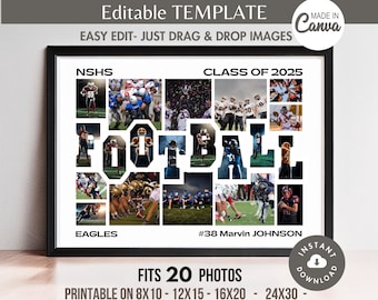 Editable 20-Photo FOOTBALL Collage Canva Frame TEMPLATE Custom Sports Team Poster/Banner DIY Personalized Senior Player/Coach Gift 8x10