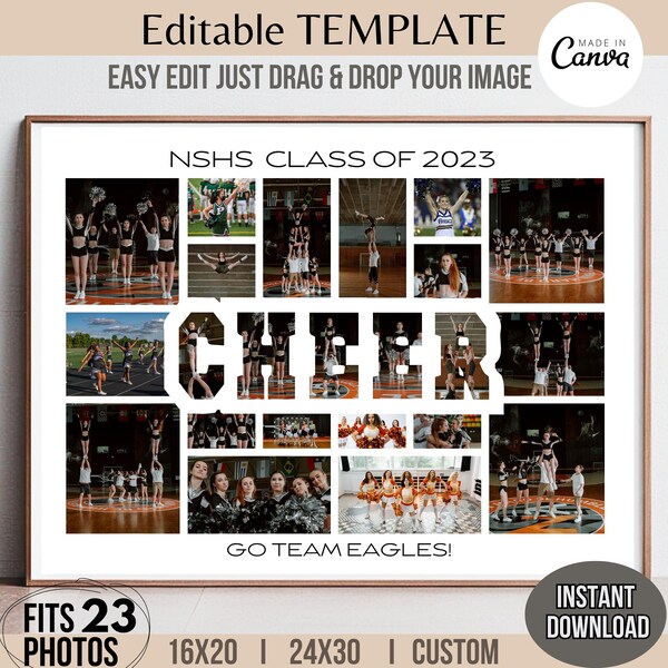 Editable 23-Photo CHEER Word Collage Canva TEMPLATE Sports Team Poster Banner Sign Custom Design Customizable DIY Letter Picture Grid Image