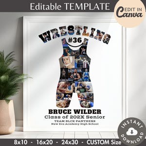 May include: Editable wrestling singlet template with a collage of photos. The template is for a wrestler with the number 36. The text says "Wrestling #36 Bruce Wilder Class of 202X Senior Team BLCK PANTHERS New Era Academy High School".