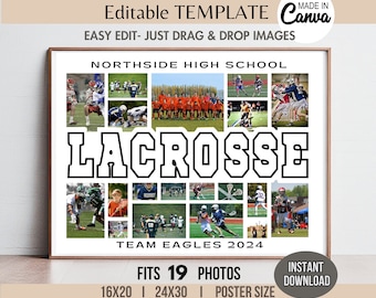 May include: A white and black lacrosse team photo collage with 19 photo slots. The collage has the text "Northside High School", "Lacrosse", "Team Eagles 2024", "Fits 19 Photos", "16x20 | 24x30 | Poster Size", and "Instant Download".