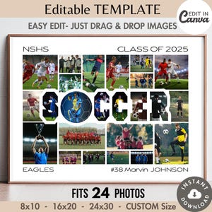 Plantilla de Canva para collage de palabras de fútbol de 24 fotos editable, póster personalizado de equipo deportivo, letrero personalizado, regalo para entrenador o persona mayor, marco de cuadrícula de fotos