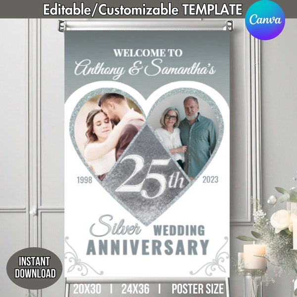 Editable 2-Photo 25th Silver Wedding Anniversary Heart Pic Collage Party Poster Sign 25 Years Couple Gift CUSTOM DIY Canva TEMPLATE 24x36