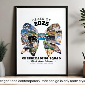May include: A white framed poster featuring a black bow made from photographs of cheerleaders. The bow is positioned centrally on the poster with the text "CLASS OF 2025" above it and "CHEERLEADING SQUAD" below. The text "Marie Anne Johnson" and "NEW CITY ACADEMY HIGH SCHOOL" are also included.