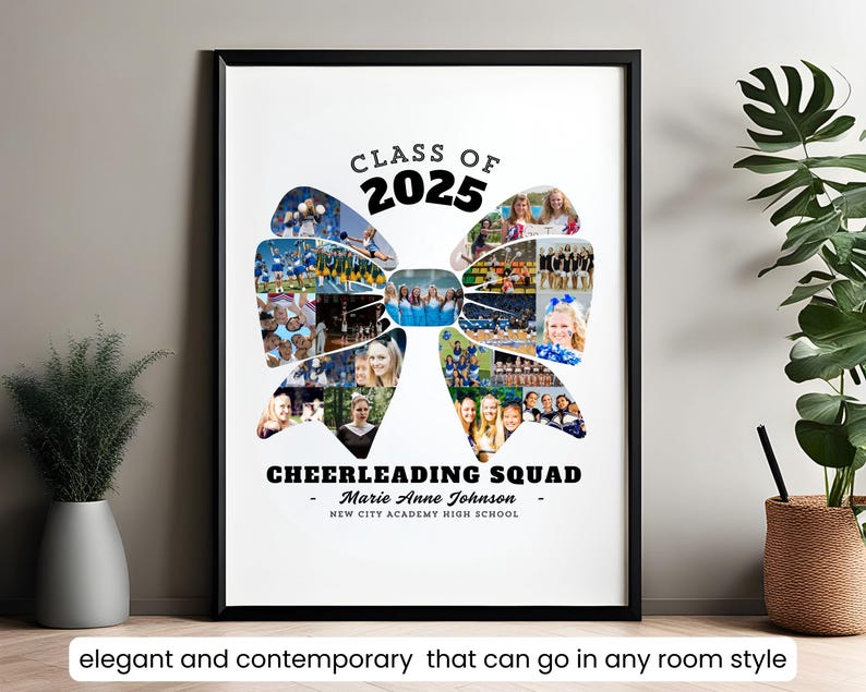 May include: A white framed poster featuring a black bow made from photographs of cheerleaders. The bow is positioned centrally on the poster with the text "CLASS OF 2025" above it and "CHEERLEADING SQUAD" below. The text "Marie Anne Johnson" and "NEW CITY ACADEMY HIGH SCHOOL" are also included.