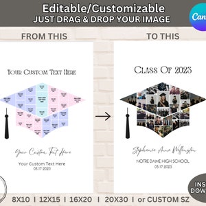 Editable 2025 Graduation Cap Photo Collage Canva Template Wall Poster Art High School College Custom DIY Graduate Portrait Gift for Her/Him