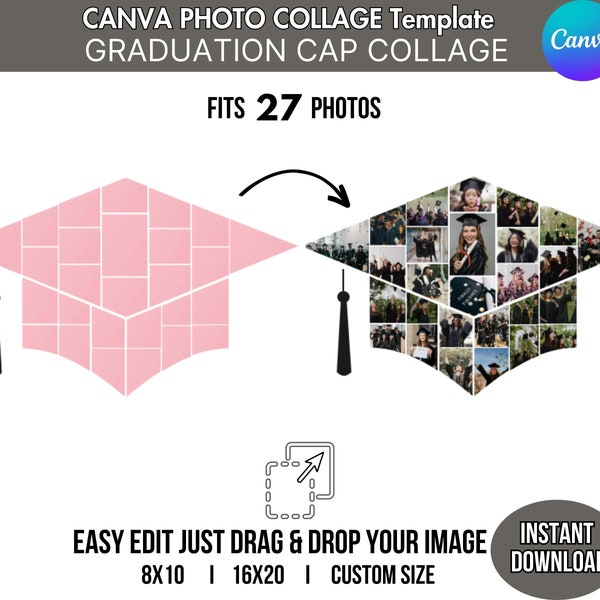 Graduation CAP Photo COLLAGE Design Project Poster Class Portrait for Party Wall Decoration Gift DIY Editable Customizable Canva Template