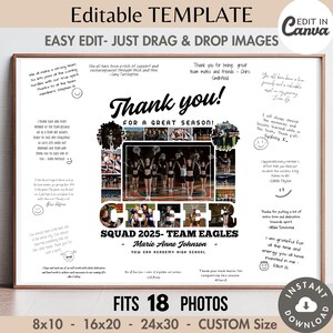May include: A printable cheerleading team photo collage template with a black and white "Cheer" title and a black and white photo of the cheerleaders in the centre. The template is designed to fit 18 photos and has a white background with black text. The text says "Thank you! For a great season!" and "Squad 2025 - Team Eagles - Marie Anne Johnson - New Era Academy High School".