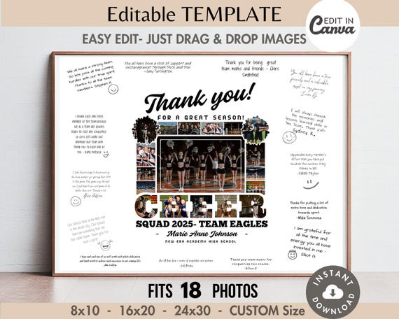 Editable CHEER Team Signing Frame Canva TEMPLATE Custom Sports Photo Collage Poster DIY Personalized Senior/Coach End of Year Autograph Gift