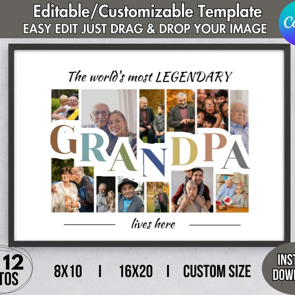 Editable GRANDPA 16-Photo Collage Canva TEMPALTE Printable DIY Father's Day/Birthday Gift Customizable Grandfather Appreciation Present 8x10