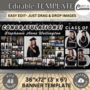 3'x6' 48-Photo Graduation Banner Collage Poster Party Sign Senior High School College 2025 Black DIY Customizable Canva Template 36"x72"