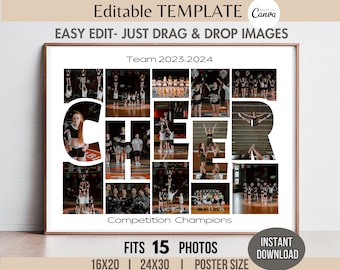 CHEER Photo Collage Word Frame Editable TEMPLATE Cheerleading Squad Team Poster/Banner DIY Personalized Cheerleader/Coach Gift Keepsake 8x10