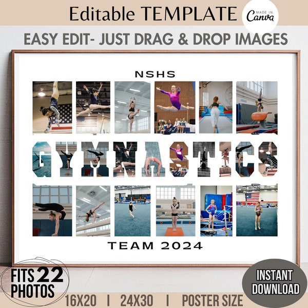 Bearbeitbare 22-Foto-Gymnastik Collage Canva VORLAGE Sport Team Poster Banner Zeichen Benutzerdefiniertes Design Anpassbar DIY Buchstabe Bild Gitterbild