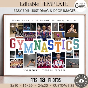 Plantilla de collage de gimnasia de 18 fotos editables Canva, póster de equipo deportivo, pancarta, letrero, diseño personalizado, letras personalizables, imagen de cuadrícula