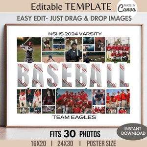 May include: A baseball-themed photo collage template with 30 photo slots. The word "BASEBALL" is formed with baseballs and the text "NSHS 2024 VARSITY" and "TEAM EAGLES" is included. The template is available in 16x20, 24x30, and poster sizes.