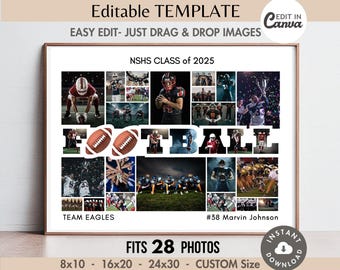 Editable 28-Photo American FOOTBALL Word Collage Canva TEMPLATE Custom Sports Team Poster/Banner DIY Personalized Senior Athlete/Coach Gift