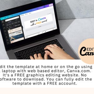 May include: A laptop computer displaying a Canva website with the text "EDIT in Canva with a FREE account". The laptop is on a grey surface with a pink circle that says "EDIT IN Canva" in white text.