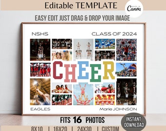 Editable CHEER Photo Collage Canva TEMPLATE, Personalized DIY Squad Team Poster, Senior Cheerleader Picture Board, End of Year Coach Gift