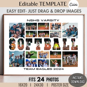 Plantilla de lienzo de collage de SOFTBOL de 24 fotos editables, póster de equipo deportivo, pancarta, letrero, diseño personalizado, letras personalizables, imagen de cuadrícula