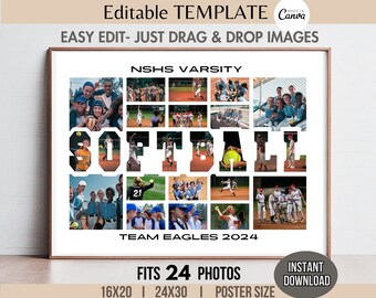 Editable SOFTBALL Photo Collage TEMPLATE, Custom Printable Sports Team Poster, DIY Personalized End of Year Senior/Coach Gift