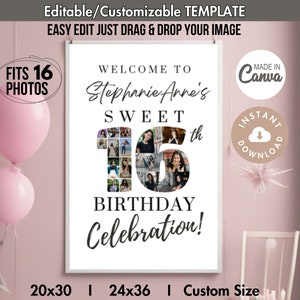 16th Birthday Number 16 Photo Collage Poster: DIY 16-Picture Welcome Sign Party Decor, Editable Canva Template (Digital Download 24x36)