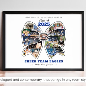 May include: A white framed photo collage of a cheerleading squad with a blue and white bow design. The text "NEW CITY ACADEMY HIGH SCHOOL" and "Class of 2025" is at the top of the photo. The text "CHEER TEAM EAGLES" is at the bottom of the photo with the name "Marie Anne Johnson" underneath.