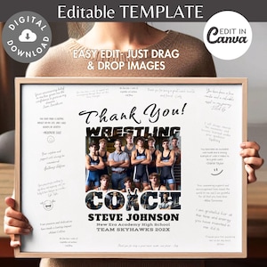 Puede incluir: Un cartel enmarcado blanco con una foto en blanco y negro de un equipo de lucha libre. El cartel dice "¡Gracias! Entrenador de lucha libre Steve Johnson New Era Academy High School Team Skyhawks 202X".