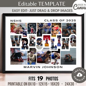 Plantilla de Canva editable de collage de palabras de 19 fotos de LUCHA LIBRE, póster/pancarta deportiva personalizada, letrero personalizable, regalo para personas mayores, marco de cuadrícula de fotos