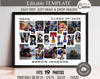 Editable WRESTLING Photo Collage TEMPLATE, Printable Team Poster, DIY Personalized Senior Night Wrestler/Coach Gift, End Of Year Keepsake