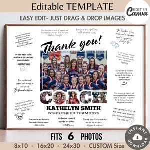 May include: A printable thank you poster for a cheer coach. The poster has a black and white background with a large "Thank You!" in cursive. The poster has a collage of photos of cheerleaders in their uniforms. The poster also has a space for six photos. The text on the poster reads "Thank You!" "Coach" "Kathelyn Smith" "NSHS Cheer Team 2025" "Fits 6 Photos" "8x10 - 16x20 - 24x30 - Custom Size".