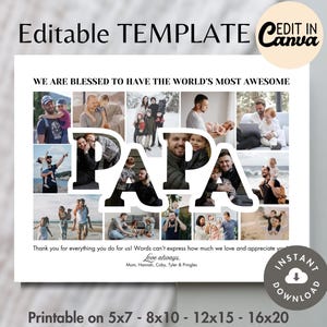 Cadre mot avec collage photo PAPA MODÈLE sur toile éditable Poster d'appréciation personnalisé 8 x 10 personnalisé imprimable DIY cadeau fête des pères/anniversaire