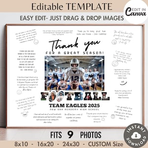 FUSSBALL Team Signierrahmen Bearbeitbare VORLAGE Benutzerdefinierte Fotocollage Sportplakat Personalisiertes Jahresende Senior / Trainer Autogramm Danke Geschenk