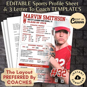 May include: Editable sports profile sheet and 3 letter to coach templates. The design features a baseball player's profile with athletic and academic information. Includes a photo of the athlete, and the text "Edit in Canva".
