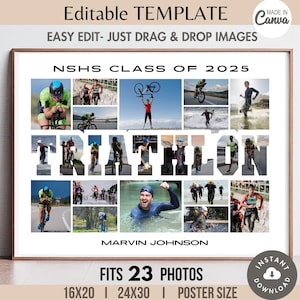 Modelo editável de colagem de palavras para triatlo com 23 fotos, pôster/banner personalizado para equipe esportiva, presente personalizado para atleta/técnico.