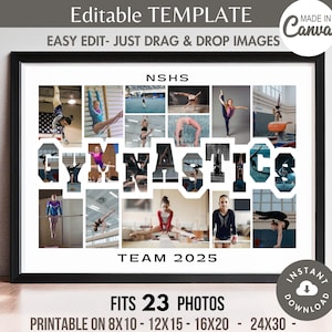 Op de afbeelding: Zwart omkaderde collage met het woord "GYMNASTICS" en foto's van turnsters. De tekst "TEAM 2025" staat onder het woord. De bovenkant van de lijst heeft de tekst "Editable TEMPLATE" en "EASY EDIT- JUST DRAG & DROP IMAGES".