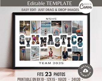 Editable GYMNASTICS Word Photo Collage TEMPLATE Printable Sports Team Poster Custom Personalized Senior Athlete/Coach Gift DIY Pic Grid 8x10