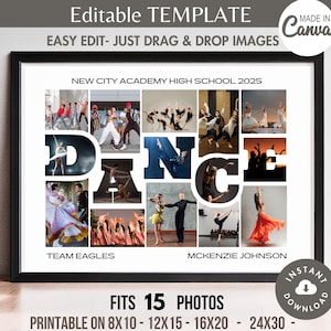 DANCE Word Photo Collage Frame Canva TEMPLATE Varsity Team Senior Night Poster Custom Dancer/Coach Gift Personalized 15-Picture Sign Board