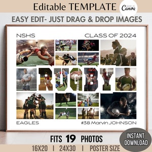 Plantilla de Canva para collage de palabras de rugby de 19 fotos editable, póster de equipo deportivo, pancarta, letrero, diseño personalizado, personalizable, letra, imagen, cuadrícula