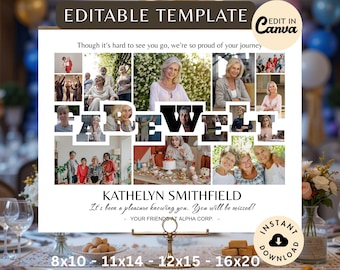 FAREWELL fotocollagelijst SJABLOON Aangepaste afscheidsgeheugenposter, afdrukbaar bord voor DIY-feestje, gepersonaliseerd afscheid pensioencadeau