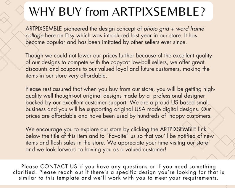 May include: Text on a white background explaining why to buy from ARTPIXSEMBLE. The text explains that the shop offers high-quality, original designs made by a professional designer. The shop is a proud US-based small business and offers discounts and coupons to valued customers.