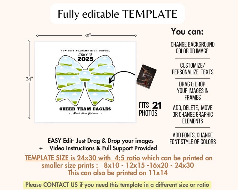 May include: A printable template for a cheer team photo collage. The template features a green and white bow with a blue sky and clouds pattern. The text "Class of 2025" and "Cheer Team Eagles" is included. The template is 24 inches by 30 inches and can be printed in smaller sizes. It fits 21 photos.