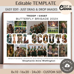 Modello di cornice per foto collage di parole GIRL Scouts modificabile, poster di apprezzamento per le truppe fai da te personalizzato, stampa regalo di fine anno personalizzata