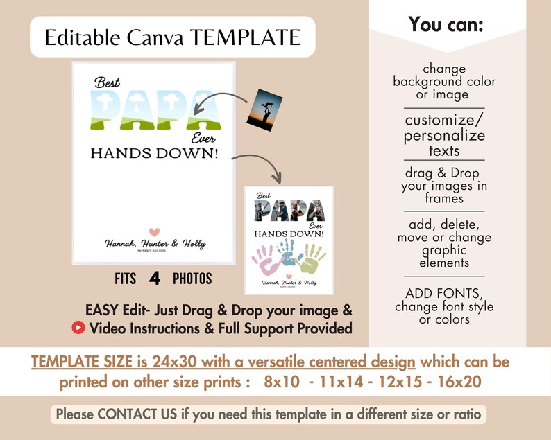 Editable Handprint Art PAPA Photo Collage TEMPLATE Printable Hands Down