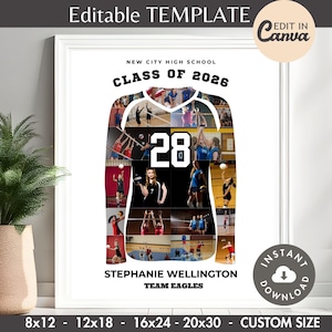 May include: A framed volleyball team photo collage. The jersey-shaped design features photos of players, the number 28, and the text "CLASS OF 2026." The bottom text reads "STEPHANIE WELLINGTON TEAM EAGLES." The image is customizable and available in various sizes.