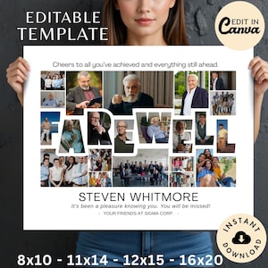 May include: A white poster with the word "FAREWELL" in large letters, surrounded by photos of a man and colleagues. Text includes "EDITABLE TEMPLATE", "STEVEN WHITMORE", and size options in inches.