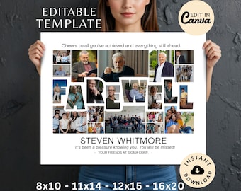 Afscheid fotocollage woordlijstsjabloon, afdrukbare pensioenfeest aandenken, DIY gepersonaliseerd cadeau collega gepensioneerde